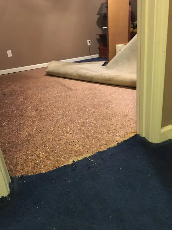 Carpet pad removal revealing water damage during Water Mitigation Services in Heath